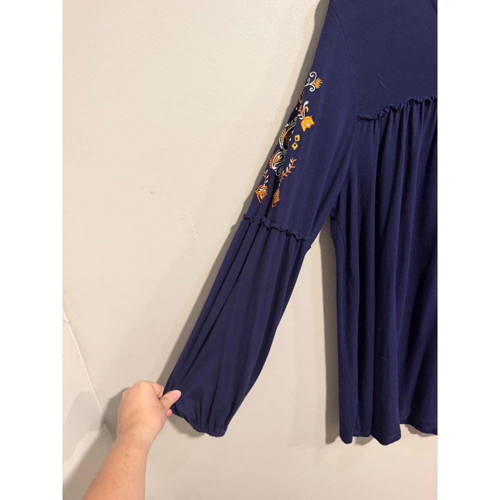 Lee Womens Navy Blue Embroidered Long Sleeve Boho V-Neck Blouse Small - Picture 2 of 9